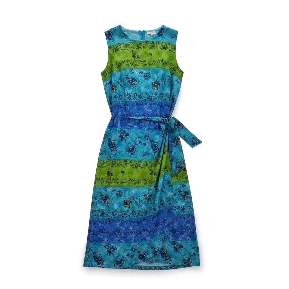 Vintage 90s Sag Harbor Faux Wrap Dress Size 14 Grandmacore Floral Striped Midi
